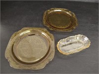 Amber Glassware: 2 Dinner Plates & ?Relish Dish