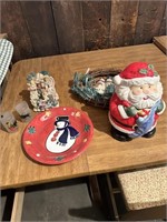 snowman plate, santa cookie jar, angel music box