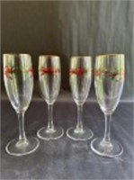 Four Gold Trimmed Holly Ribbon Champagne Flutes
