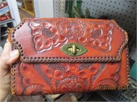 Hand Tooled Leather Purse & Wicker Basket