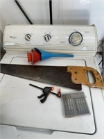 hand saw, clamp, funnels, jigsaw blades