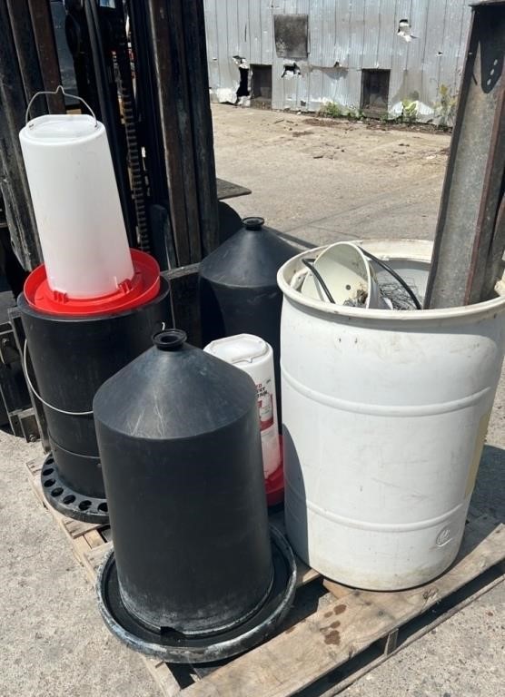 Pallet w/Poultry Feeders, a little bit of chicken