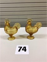 Amber Glass Rooster Candy Dishes