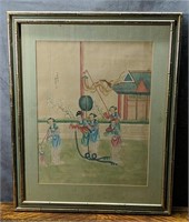 Large Asian Silk Painting of Ladies with Lanterns