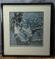 Large Framed and Signed Asian Snowy Village