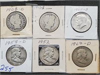 6 old US silver half dollars 1908-1964