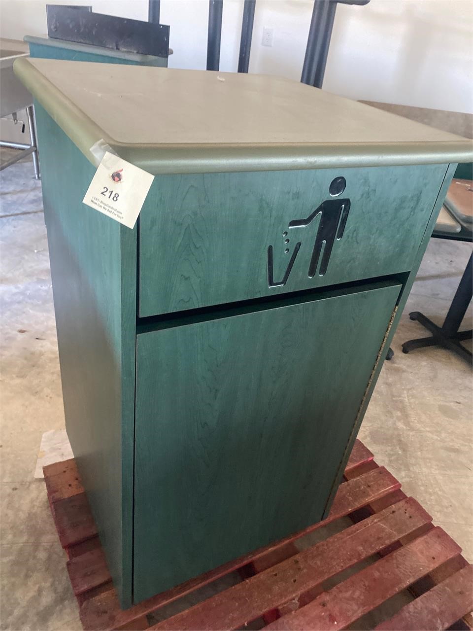 Green wood laminate trash cabinet no liner bin