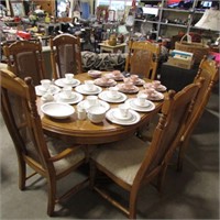 OAK DINING TABLE W/ 6 HIGH CANE BACK CHAIRS