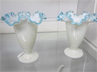 2 Fenton Milk Glass Opalescent Vases W/ Sky Blue R
