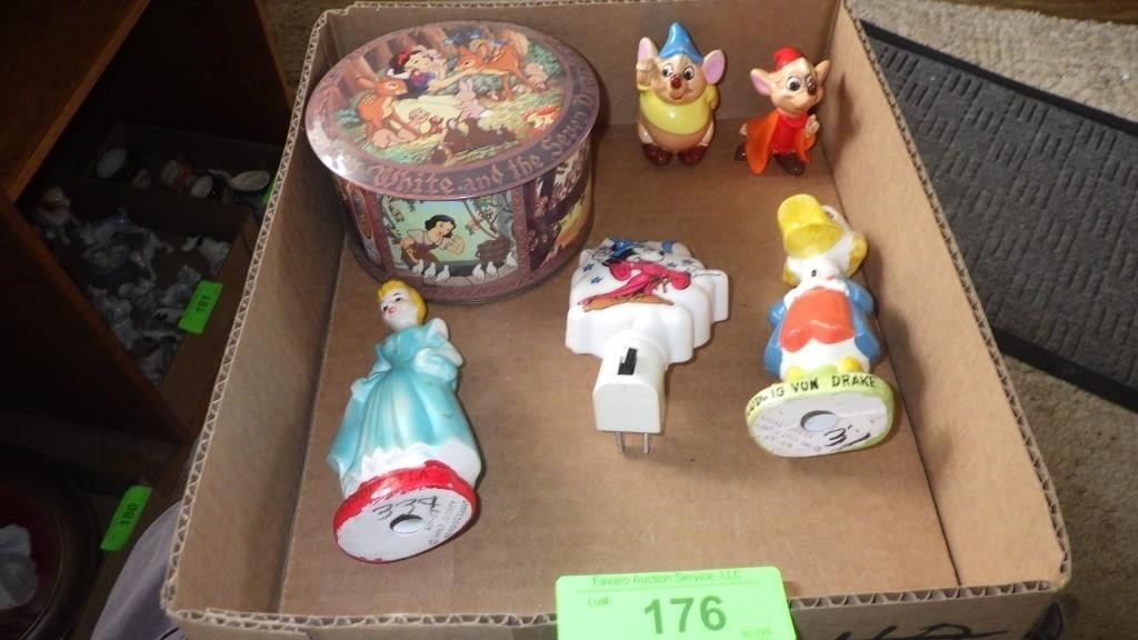 VINTAGE DISNEY FIGURINES, NIGHTLIGHT & TIN