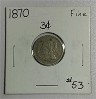 1870  Three Cent Nickel   F