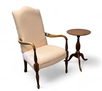 Upholstered Armchair w/ Carved Legs + Stand