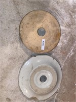 Two crock butter churn lids with chips
