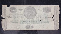 Corporation of Richmond $1, 1860s, heavily circula
