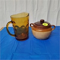 VINTAGE AMBER PITCHER AND STONE COVERED POT