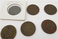 (6) Early American one cent Liberty head pennies
