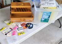 Tackle box lot with lures, etc, and tub with worm