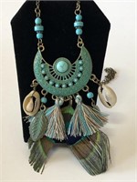 Turquoise, Feather, Shell Necklace -BOHO