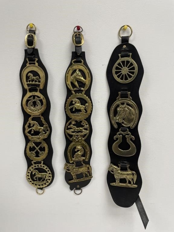 Vtg Horse Brasses Medallions on Leather Straps