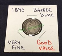 1892 barber dime, very fine, good value.(1178)