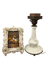 Porcelain Frame & Victorian Milk Glass Lamp Base
