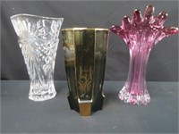 CRANBERRY GLASS VASE & 2 CRYSTAL VASES 13"