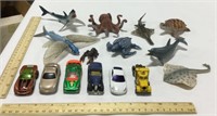 Lot of toy cars & sea creatures