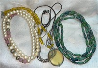 (3) Fashion Necklaces:  Faux Pearl, Yellow Bead,