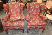 Pair Wing Back Chairs; red, green, brown floral