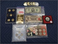 LOT, ASSORTED US COINS, CURRENCY, MEDALS &
