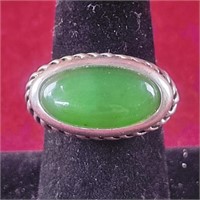 .925 Silver Ring with Natural Green Stone, sz 7,