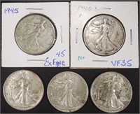 (5) MIXED DATE WALKING LIBERTY HALF DOLLARS