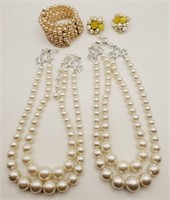 (JL) Faux Pearl Necklaces, Bracelet and Clip-on