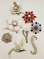 (T) Rhinestone Brooches - Flowers and Bird