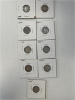 9 Different Date Mercury Silver Dimes