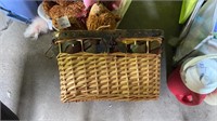 Basket with metal trim, two teddy bears