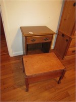NIGHT STAND W/ DRAWER, SEWING STOOL W/ SUPPLIES