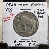 1928 BUFFALO NICKEL MINT ERROR CLASHED W OBV DIE