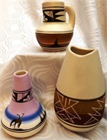 (3) Signed Native American Vases & Pitcher