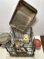 Vintage crate with paint supplies etc