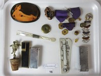 TRAY: VINTAGE LIGHTERS, LIONS CLUB PINS, BUCKLE