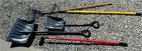 Lot of Outdoor Rakes, Shovels, Hoe