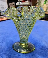 1970s Fenton Vase UV Reactive  Green Hobnail Glass