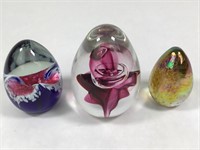 3 Egg Shape Art Glass Paperweights