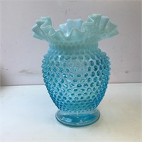 TEAL BLUE HOBNAIL RUFFLED GLASS VASE