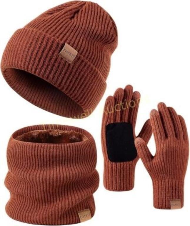 Beanie Hat Scarf Gloves Set  Dark Orange