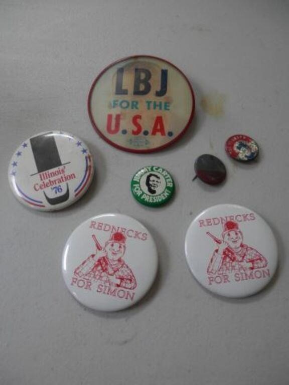 Group of 7-political & sports pins-old LBJ motion
