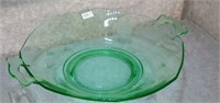 GREEN DEPRESSION GLASS BOWL W/ THUMB HANDLES