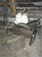 Wooden crate, flour sacks, barrel rings, antique