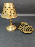 Brass Candle Stick, Lampshade, Pineapple Trivet